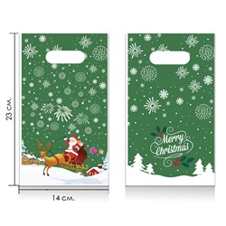 Пакет подарочный новогодний зеленый "Дед мороз на санях", Размер 14*23 см.