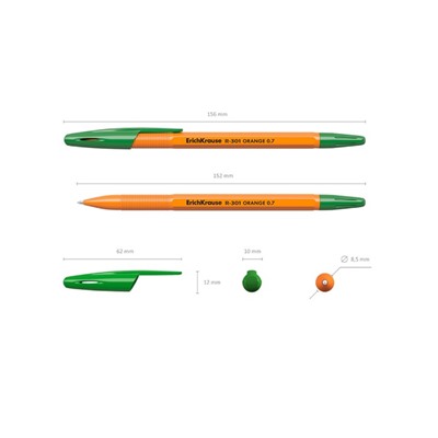 Ручка шариковая ErichKrause R-301 Orange Stick, узел 0.7 мм, чернила зелёные, длина линии письма 2000 метров, штрихкод на ручке